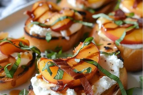 Honey Ricotta Peach Crostini with Crispy Pancetta Whipped Ricotta Peach Crostini, Honey Ricotta Peach Crostini, Peach And Ricotta Crostini, Ricotta Peach, Peach Crostini, Peach Appetizer, Bruchetta Appetizers, Yum Snacks, Honey Ricotta