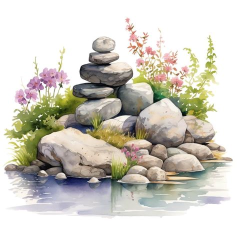 10 Watercolor Zen Rock Garden Clipart Graphics - Printable PNG Fi... Zen Rock Garden, Zen Rock, Garden Clipart, Garden Watercolor, Diy Watercolor Painting, Watercolor Projects, Art Aquarelle, Watercolor Painting Techniques, Watercolor Landscape Paintings