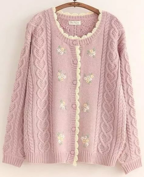 Knit Sweater Coat, Knitted Cardigans, Warm Sweater, Spring Sweater, Girls Sweet, Embroidered Sweater, Sweet Floral, Cable Knit Cardigan, Sweater Coat