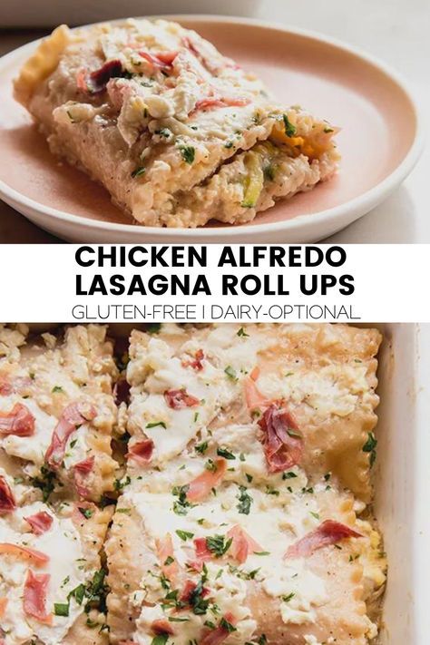 These chicken alfredo lasagna roll ups are a comforting and simple weeknight meal! This version is gluten free and dairy optional and topped off with crispy prosciutto. Healthy Chicken Alfredo Lasagna, Chicken Alfredo Rollups Lasagna Rolls, Chicken Alfredo Lasagna Rolls, High Protein Chicken Alfredo Lasagna, Alfredo Lasagna Roll Ups, Chicken Alfredo Lasagna Roll Ups, Chicken Alfredo Lasagna, Gf Snacks, Alfredo Lasagna