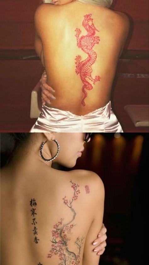 Spinal Tattoo Women Dragon, Dragon Lower Back Tattoo, Lower Back Dragon Tattoo, Dragon Tattoo With Cherry Blossoms, Dragon With Cherry Blossom Tattoo, Cherry Blossom Dragon Tattoo, Cherry Blossom Spine Tattoo, Dragon Back Tattoo, Dragon Thigh Tattoo