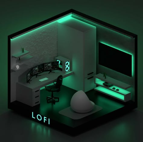 3d Gaming Room Design, Neon Gaming Room, Dream Yt, Movie Interior, Blender Room, Game Room Neon, Small Room Setup, Bedroom Layout Design, Bedroom Cartoon