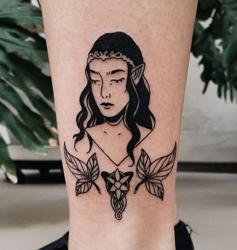 Arwen with the evenstar and some leaves of Lorien!   Can't believe this is the first LOTR tattoo I've done! Thanks for being so sweet and sitting so well Megan   .  .  .  .  .  #tattoo #tattoos #tattooart #tattooartist #tattooing #illustrativetattoo #blackwork #blackworkers #blackworktattoo #losangelestattoo #losangelestattooartist #latattooartist #lotrtattoo #lotr #lordoftherings #arwen #evenstartattoo #fantasytattoo #cutetattoo #ladytattooers #detailedtattoo #cutetattoo #lineworktattoo Arwen Tattoo, Tree Of Gondor Tattoo, Leaves Of Lorien, Olive Tattoo, Tattoo Line Art, Tato Tradisional, Lotr Tattoo, Lord Of The Rings Tattoo, Tribute Tattoos