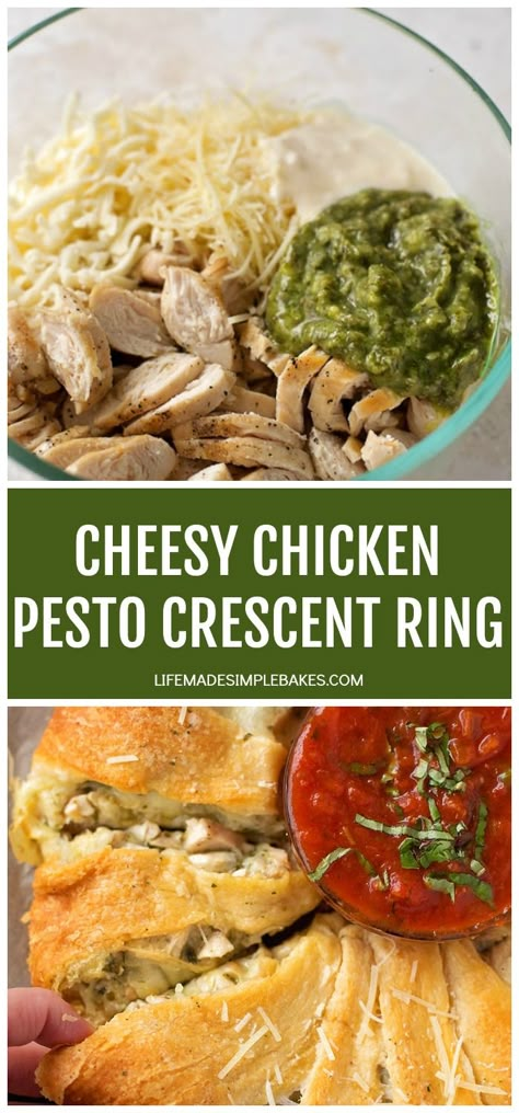 Pesto Chicken Crescent Ring, Chicken Pesto Dip, Chicken Pesto Pinwheels, Pesto Crescent Rolls, Crescent Ring Recipes Appetizers, Cheeseburger Rolls, Chicken Rings, Cheesy Pesto Chicken, Chicken Crescent Ring