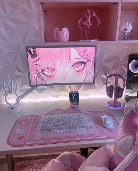 Gaming Setup Bedroom, Pc Games Setup, Games Room Inspiration, Dream Setup, Anime Desk, Pc Builds, Keyboard Gaming, Pink Games, Gamer Setup