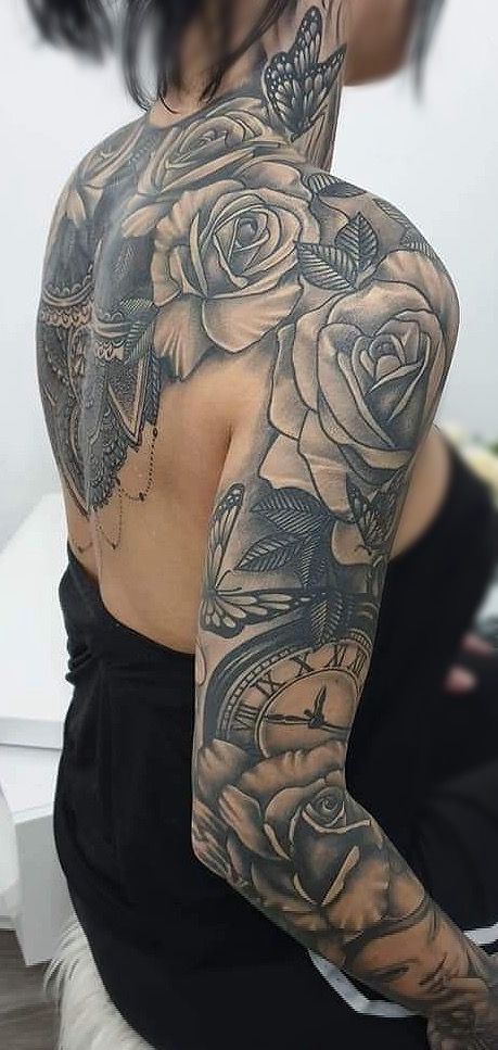 Sleeve And Back Tattoo, Rose On Neck Tattoo For Women, Tattoed Women Arm, Girl Tattoo Sleeve Ideas, Sleave Ideas Woman Tattoo Black, Cool Tattoo Sleeves For Women, Badass Sleeve Tattoos For Women, Girl Arm Sleeve Tattoo, Tattoo Full Sleeve Women