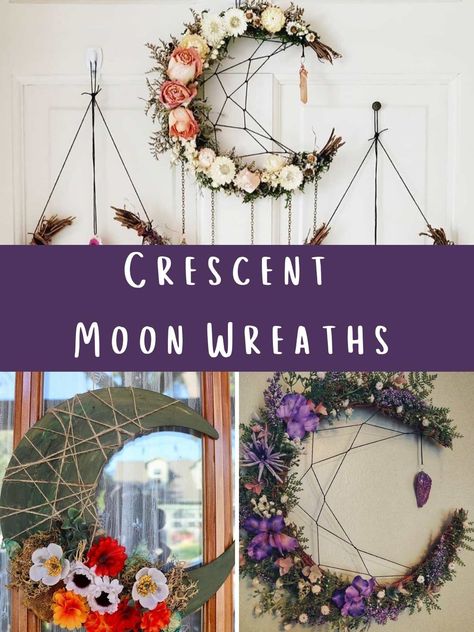 Crecent Moon Wreath, Creacent Moon Wreath, Moon Wreath Tutorial, Harvest Moon Wreath, Wood Circle Wreath Diy, Diy Wall Decor Cottagecore, Half Moon Grapevine Wreath, Autumnal Wreath Diy, How To Make A Moon Wreath