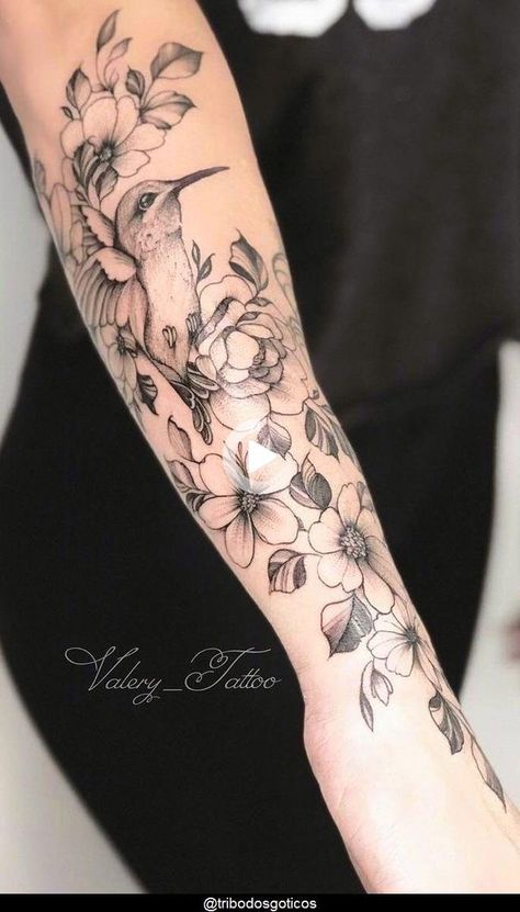 Tattoo Ideas Female Flowers, Hummingbird Tattoo Black, Owl Thigh Tattoos, Bird Tattoo Sleeves, Bird Tattoos For Women, Rose Tattoos For Women, Forarm Tattoos, Floral Tattoo Sleeve, Forearm Tattoo Women