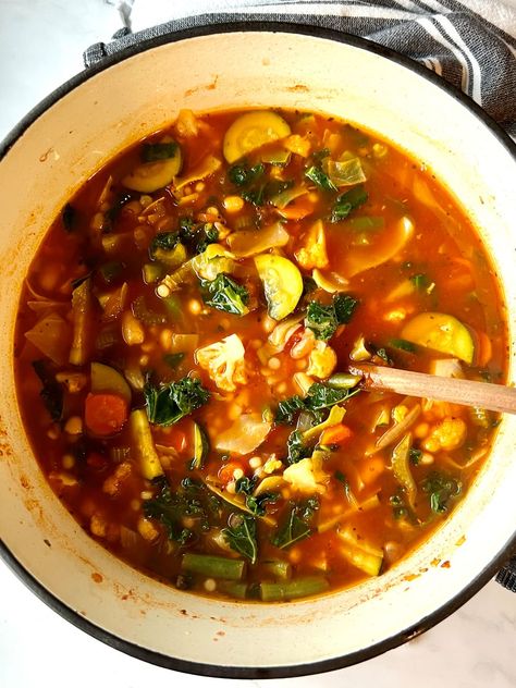 Hearty Vegetable Soup with Couscous - The Menu Maid Soup With Couscous, Veggie Couscous, Couscous Soup, Vegetable Couscous, Hearty Vegetable Soup, Green Cabbage, Cheese Pasta, Vegetable Soup, White Beans