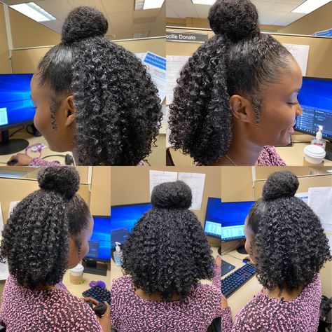 Wash And Go Half Up Half Down, Half Bun Half Down Curly Hair, Half Up Half Down Wash And Go, Curly Half Up Half Down Natural Hair, Curly Bun Natural Hair, Half Bun Half Down, Bun Natural Hair, Bun Curls, Curly Half Up Half Down