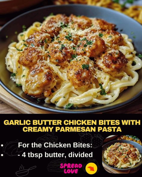 Garlic Butter Chicken Bites with Creamy Parmesan Pasta Easy Suppers Recipes, Creamy Parmesan Pasta, Picky Eaters Dinner, Garlic Butter Chicken Bites, Butter Chicken Bites, Chicken Dishes For Dinner, Mexican Casserole Recipe, Creamy Parmesan, Parmesan Pasta