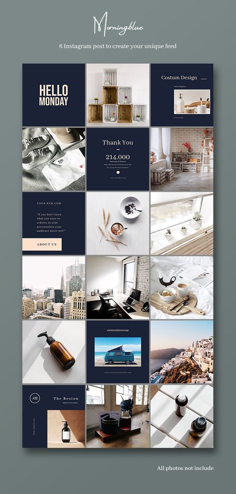 Instagram Layout Design Posts, Business Instagram Feed Layout Blue, Instagram Store Layout, Business Ig Post Design, Navy Instagram Feed, Instagram Template Design Ideas, Instagram Feed Design Ideas, Instagram Post Template Business, Blue Instagram Feed