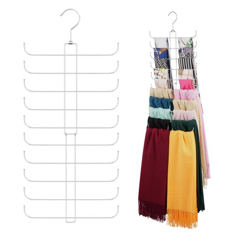 PRICES MAY VARY. Innovative Scarf Hanger for Closet: Our scarf hanger features a 10-tier design that neatly stores up to 20 scarves in one place, keeping your collection both accessible and beautifully displayed. Gentle on Scarves: Made with smooth metal, our scarf hanger protects your delicate scarves from damage, ensuring they hang safely and remain snag-free. Space Maximizer: The innovative design of our scarf hangers offers expansive storage capacity while occupying minimal space, making it Scarf Storage Ideas, Hijab Organizer, Storage For Scarves, Scarf Hangers, Organize Room, Space Saving Closet, Scarf Organizer, Closet Storage Accessories, Shoe Box Storage