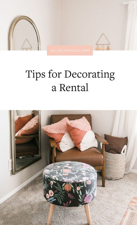 Living in a rental doesn't mean you have to give up home decor and design.I like my home to feel a mix of cozy and contempary. In a rental, I bring in a mixture of colors and textures to decorate the space. I'm sharing some tips on how to decorate a rental property. I even share some of my favorite DIY artwork ideas to create your own large canvas prints to bring life into the space. #apartmentdecorating #rentaldecor #simpledecor Renting Hacks, Dinning Room Mirror, Decorate A Rental, Decorating A Rental, Rental Diy, Moody Home Decor, Rental Home Decor, Ikea Rug, Gold Side Table