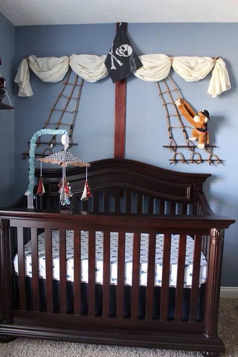 Baby Boy Pirate nursery. Handmade sail. #pirates #babyboy #sail #nursery #nautical #pirateship Kids Pirate Room, Pirate Bedroom Ideas, Boys Pirate Bedroom, Pirate Themed Bedroom, Pirate Bedroom Decor, Pirate Room Decor, Pirate Bedroom Theme, Pirate Nursery, Pirate Bedroom