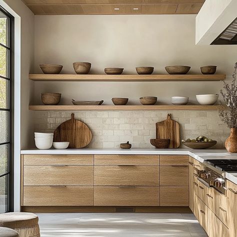 Range With Open Shelving, Walnut Shelves Kitchen, Exposed Kitchen Shelves, Open Wood Shelves Kitchen, Open Shelf Kitchen Decor, Open Shelves Kitchen, Open Shelf Kitchen, Kitchen With Open Shelves, Open Shelving In The Kitchen