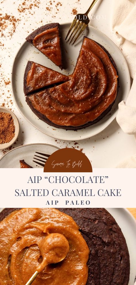 Aip Cake Recipes, Aip Chocolate, Aip Dessert Recipes, Aip Cake, Carob Cake, Caramel Chocolate Cake, Aip Baking, Salted Caramel Chocolate Cake, Salted Caramel Frosting