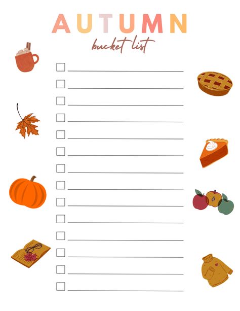 Downloadable Autumn Bucket List! – Little Sweet Karen Fall Bucket List Template, Bucket List Template, Fall Bucket List Printable, Autumn Bucket List, Bucket List Printable, Hello Kitty House, Goodnotes Stickers, Fall Bucket List, List Printable