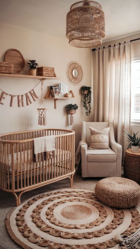 Boho baby boy nursery with natural wood accents, woven decor, and neutral tones. Unisex Nursery Gender Neutral, Basement Nursery Ideas, Nursery Aesthetic Boy, Gender Neutral Nursery Ideas Boho, Boho Boy Nursery Ideas, Nursery Aesthetic Neutral, Earth Tone Baby Nursery, Modern Baby Room Ideas, Boho Boys Nursery Ideas