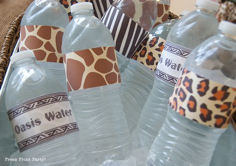 Safari Party Printables - African animal prints - by Press Print Party! Bottle wraps Waterrower Workout, Adult Safari Party, Sisterhood Round, Africa Party, Combined Birthday Parties, Jungle Theme Birthday Party, Jungle Thema, Wild Birthday Party, Animal Print Party