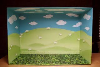 Clever use of scrapbook paper (cut out clouds and sheep) - Acrylic craft paint... Shoe Box Diorama, Shoebox Diorama, Diorama Kids, Habitats Projects, Nursery Baby Boy, Happy Thursday Everyone, Diorama Ideas, Acrylic Craft Paint, The Cage