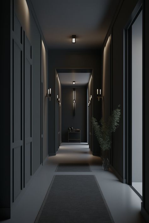 Embrace the Dark Side of Modern Minimalism and Contemporary Design with Generative AI. Step into a World of Shadowy Elegance, Tall Ceilings, and the Subtle Harmony of Concrete and Light Wood. Made with MidJourney. Dark Modern Foyer, Dark Modern Hallway, Dark Modern Entryway, Dark Modern Interior, Dark Modern Home, Dark Home Aesthetic, Dark Modern House, Concrete Interior Design, Luxury Houses Entrance