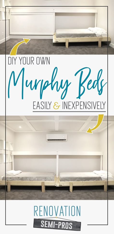 Need a bed (or two) but don’t wanna dedicate an entire room as a permanent “bedroom?” DIY your own Murphy bed! Add stylish and comfy guest sleeping spaces that don’t take up space all the time. This entire project can be done over a weekend with just a few tools. Let’s go! #MurphyBed #DIYFurniture Diy Murphy Bed, Build A Murphy Bed, Armoire Ikea, Horizontal Murphy Bed, Bed Design Ideas, Murphy Bed Diy, Murphy Bed Plans, Bed Design Modern, Wood Shutters