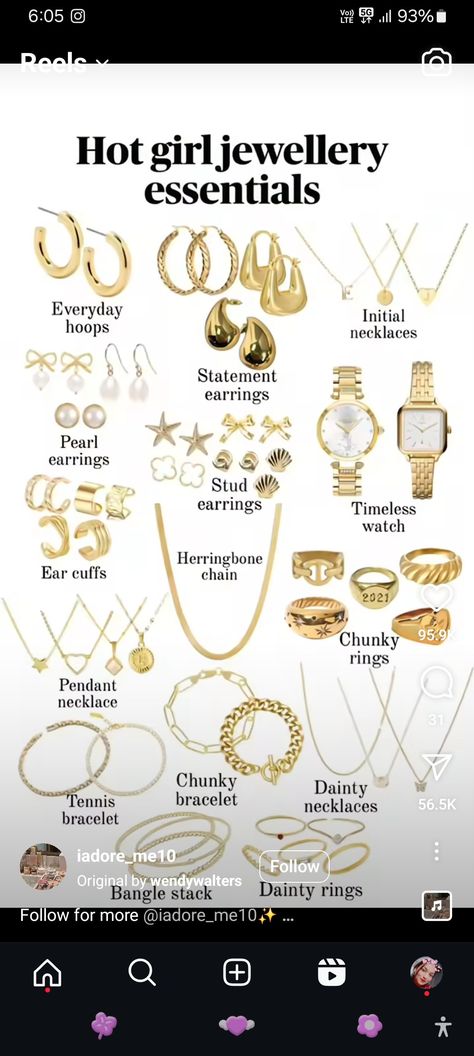 Accessories List, Ear Cuff Chain, Timeless Watches, Stacked Bangles, Chunky Rings, Girl Jewelry, Jewelry Essentials, Tennis Necklace, Dainty Bracelets