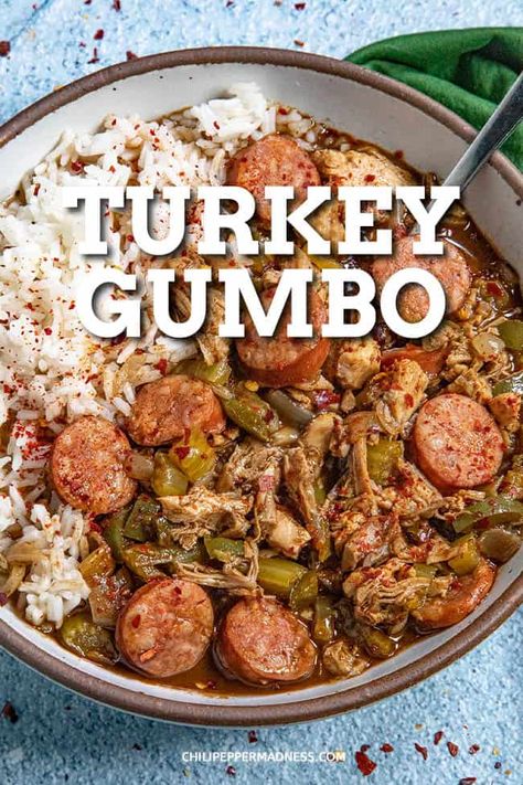 Turkey And Sausage Gumbo, Turkey Gumbo Recipe Thanksgiving, Turkey Gumbo Recipe, Turkey Gumbo, Nola Recipes, Dark Roux, Recipe For Turkey, Gumbo File, Seafood Gumbo Recipe