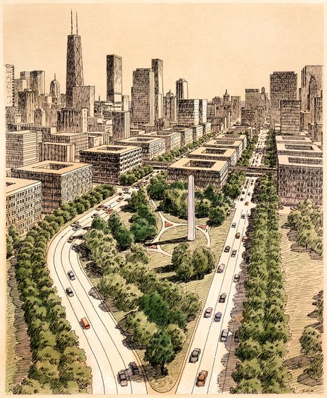 Diniz's Chicago masterplan drawing from 1983. for Matt, Rebekah, and Marcus! Master Plan Render, Architecture Sheets, Tower Garden Diy, Autocad Plan, Plan Photoshop, Plan Render, Photoshop Render, Architectural Renderings, Landscape Architecture Drawing