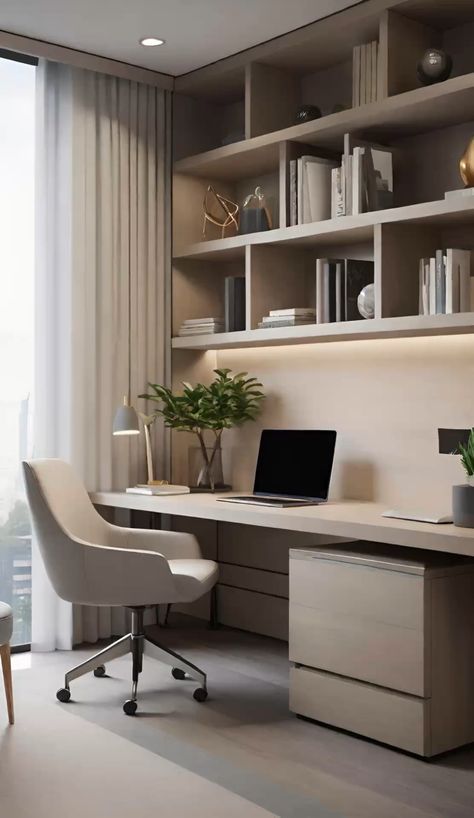 Neutral Design Interior, Bedroom Desk With Storage, Neutral Office Space, Efficient Home Office, Modern Study Rooms, Home Study Rooms, Stylish Home Office, Contemporary Office Design, Integrated Storage