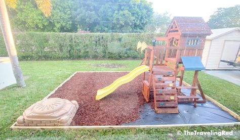 BACKYARD PLAYGROUND AT HOME – HOW TO BUILD IT Outdoor Mulch Play Area, Backyard Rubber Play Area, Diy Playground Flooring, Backyard Play Area Landscaping, Mulch Play Area Backyard, Outdoor Play Area Flooring Ideas, How To Build A Playground, Mulched Play Area Backyard, Mulch Play Area For Kids