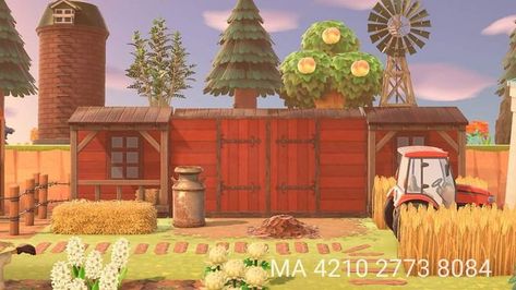 Country Animal Crossing Island, Acnh Barn Ideas, Acnh Farm Design Code, Fall Acnh, Acnh Farmcore, Acnh Farm, Acnh Christmas, Red Barn Door, Farm Town