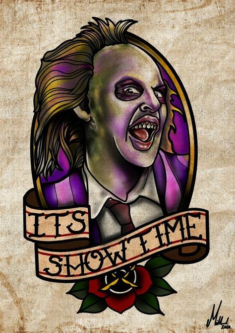 Beetlejuice Michael Keaton, Practice Tattoos, Beetlejuice Tattoo, Sailor Jerry Flash, Sailor Jerry Tattoo Flash, Horror Classics, Tattooed Man, Sailor Tattoos, Vintage Tattoos