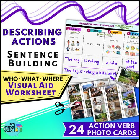 Use this Describing Action Photos WHO WHAT WHERE Sentence Building Template Visual Aid resource to practice describing action photos & sentence expansion. This sentence building visual aid can be used to work on basic sentence writing skills, generating subject & predicate sentences, describing actions, present progressive (ing) verb tense, & who what where sentence building. Your students will feel confident about their sentence building & describing skills with this sentence expansion activity Subject Predicate, Building Template, Data Collection Sheets, Present Progressive, Attendance Sheet, Who What Where, Action Photos, Sentence Building, Subject And Predicate