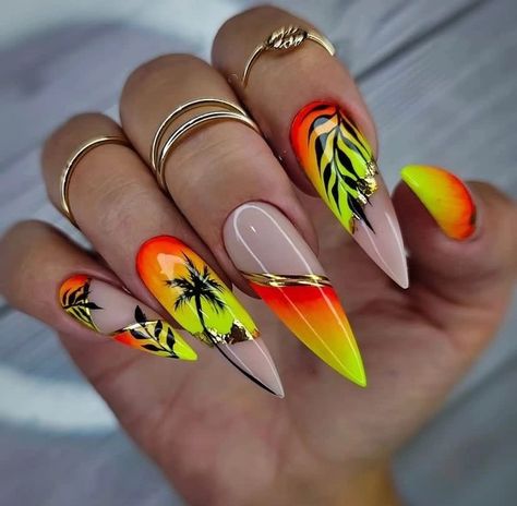 Jamaica Nails, Beach Nail Art, Palm Tree Nails, Multicolored Nails, Tropical Nails, Tree Nails, Fancy Nails Designs, Nails Glitter, Vacation Nails