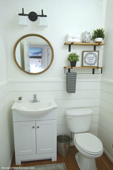 Powder Room Makeover Garage Powder Room, 2 Piece Powder Room, Pedestal Sink Shelf Above, First Floor Powder Room Ideas, Tiny Powder Room Ideas Farmhouse, Large Half Bathroom Ideas, Powder Room Shelf Decor, Small 1/2 Bath Ideas, Powder Room Ideas Farmhouse