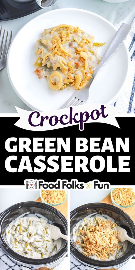 You’ll get the same great-tasting casserole with this hands-off approach. Put everything in the crockpot, set it to low for a couple of hours, and that’s it. You will come back to a perfectly cooked Green Bean Casserole. Crock Pot Green Bean Casserole, Crockpot Green Bean Casserole, Crockpot Green Beans, Green Bean Casserole Crock Pot, Best Green Bean Casserole, Slow Cooker Green Beans, Green Bean Casserole Recipe, Green Bean Casserole Easy, Potluck Side Dishes