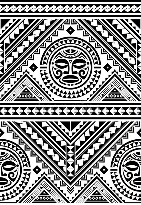 Polynesian seamless geometric vector pattern with Maori face mandala tattoo design, Hawaiian tribal background inspired by art tra. Repetitive background in royalty free illustration Geometric Vector Design, Polynesian Designs Pattern, Geometric Design Tattoo, Cucumber Vine, Face Mandala, Maori Tattoo Patterns, Kava Bowl, Polynesian Patterns, Wood Tattoo