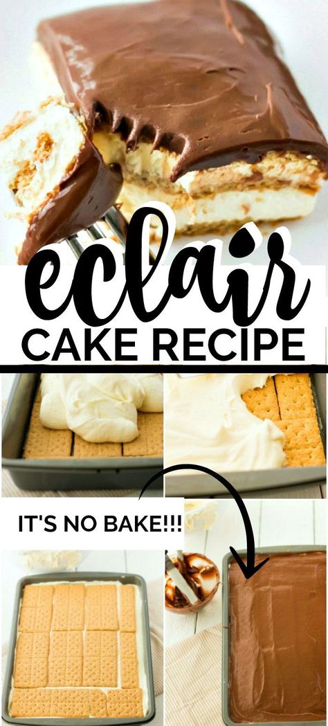 No Bake Eclair, Easy Eclairs, Eclair Cake Recipe, No Bake Eclair Cake, Eclair Cake Recipes, Easy Potluck Recipes, Dessert Halloween, Eclair Cake, Potluck Desserts