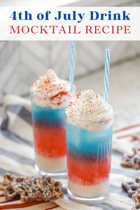 Looking for fun and festive 4th of July drinks? This 4th of July mocktail recipe is perfect with its layers of red white and blue! It is a great addition to any celebration and it’s easy to make too! To find this 4th of July drink recipe visit Sugar Maple Farmhouse. 4th Of July Mocktail, Summer Drink Recipes Nonalcoholic, 4th Of July Drinks, Drinks Mocktail, Drink Mocktail, Mocktail Drink, Fourth Of July Drinks, Holiday Mocktail, 4th July Food