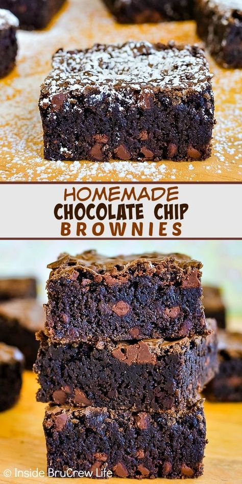 Homemade Chocolate Chip Brownies - adding chocolate chips to these fudgy homemade brownies makes them so delicious. Make this easy recipe any time you need a quick and easy chocolate dessert! Quick Desserts With Chocolate Chips, Brownies Chocolate Chip, Choc Chip Brownies Recipe, Brownie Recipe With Chocolate Chips, Healthy Dessert Recipes Easy Quick Chocolate Chips, Brownies Made With Chocolate Chips, Easy Chocolate Chip Brownies, Brownie Recipes Chocolate Chips, Easy Things To Make With Chocolate Chips