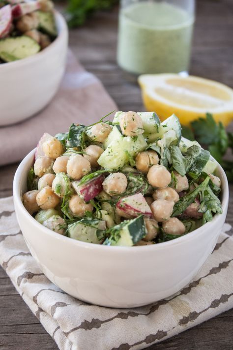 cool as a cucumber salad + lemon-herb tahini sauce Cucumber Chickpea Salad, Tahini Recipes, Farm To Table Recipes, Salad Options, Veggie Salads, Stomach Rumbling, Chic Peas, Cool As A Cucumber, Chick Pea