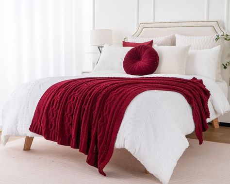 Battilo Christmas Dark Red Throw Blanket for Couch, Bed, Sofa, 51"x67", Woven Chenille Knit Throw Blankets, Gift Blanket, Cozy Fall Warm Decorative Textured Throw Blanket for Living Room. Textured Throw Blanket, Fringe Throw Blanket, Red Throw Blanket, Luxury Area Rugs, Fringe Throw, Affordable Bedding, Red Throw, Blanket Cozy, Chenille Throw