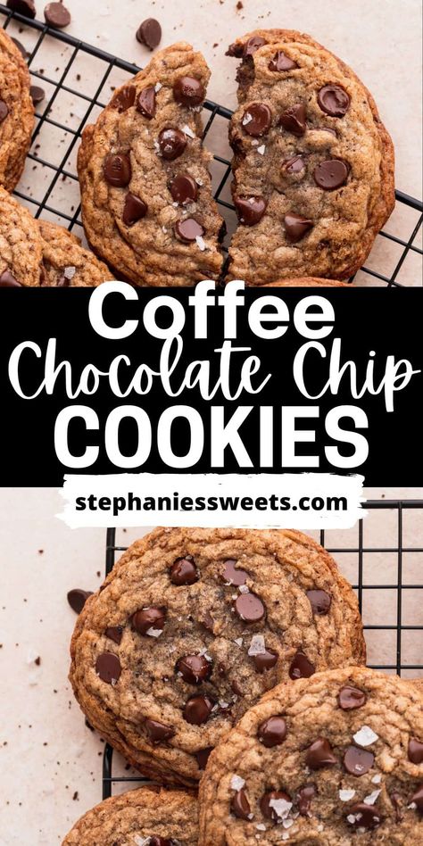 These chewy coffee cookies are a no mixer and no chill recipe! They are loaded with instant coffee, chocolate chips, and cinnamon. They are the perfect cookie to make if you are a coffee lover! The cookies have the most perfect chewy texture! Cookies With Coffee In Them, Cookies With Instant Coffee, Chocolate Chip Cookies With Coffee, Easy Coffee Cookie Recipes, Instant Coffee Recipes Baking, Chocolate Chip Coffee Cookies, Gluten Free Coffee Cookies, Instant Coffee Cookies, Coffee Cookies Recipes Easy