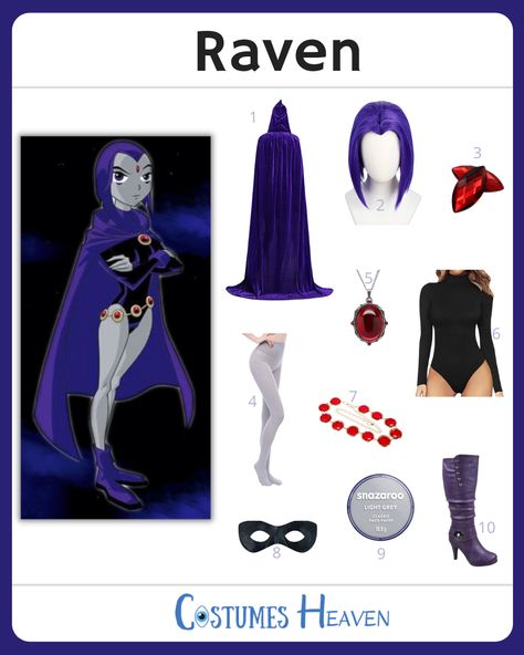 Robin And Raven Halloween Costume, Modest Raven Costume, Raven Halloween Costume Makeup, Raven Cosplay Costume, Raven Halloween Costume Diy, Halloween Raven Costume, Plus Size Raven Costume, Ravena Cosplay Casual, Raven Costume Black Women