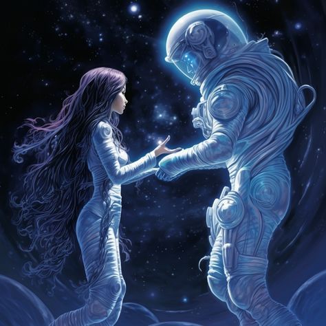 A love story of an astronaut and an alien girl. #aiartist #aiart #digitalart Alien Love Aesthetic, Alien Love Couple, Astronaut Love Couple, Alien Romance Art, End Of The World Drawing, Cosmic Astronaut, Alien Couple, Alien Love, The World Drawing