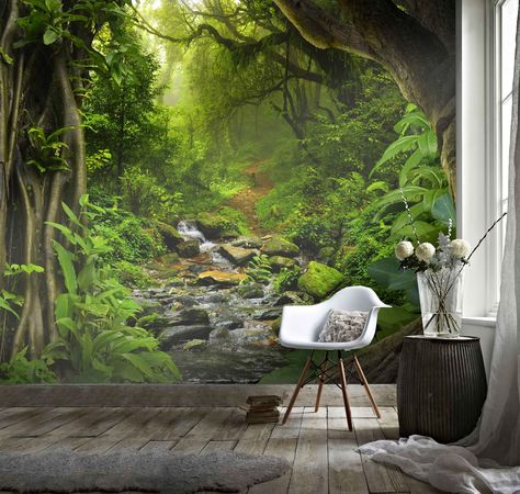 3D Rainforest Wallpaper, River Wall Mural, Moss Wall Decor, Landscape Wall Art, Peel and Stick, Removable Wallpaper, Wall Sticker Jungle Wall Mural, Cheap Wall Tapestries, Large Tapestry, Jungle Wall, Waterfall Wall, Forest Wall Mural, Large Tapestries, Tapestry Wall Art, Moss Wall