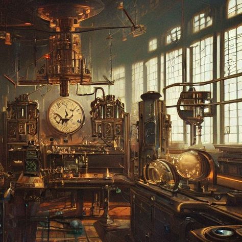 Steampunk Mechanic Shop, Steampunk Workshop Concept Art, Tinkering Aesthetic, Dark Steampunk Aesthetic, Artificer Workshop, Artificer Aesthetic, Steampunk Lab, Steampunk Laboratory, Steampunk Library