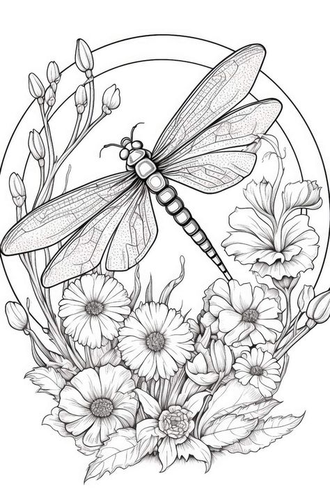 Floral Pyrography, Embroidery Dragonfly, Traceable Patterns, Dragonfly Drawing, Adult Coloring Books Printables, Coloring Page For Adults, Flowers Coloring, Adults Coloring, Woodburning Projects